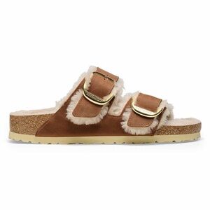Birkenstock Women’s Shearling Arizona Double Strap Slide Sandals in Brown Cognac